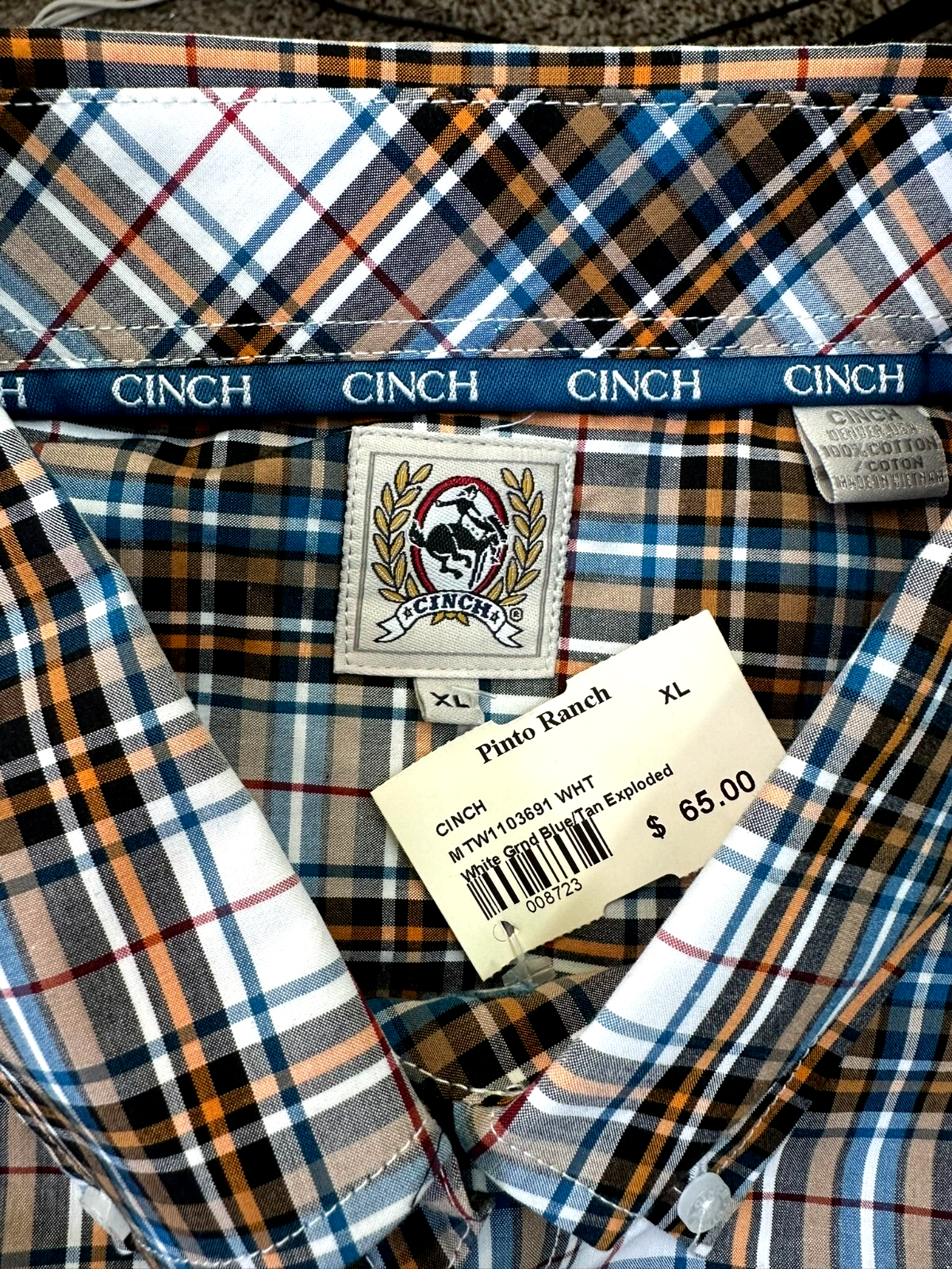 Men's Cinch Western Plaid Cotton Button Up Long Sleeve Shirt- Size XL