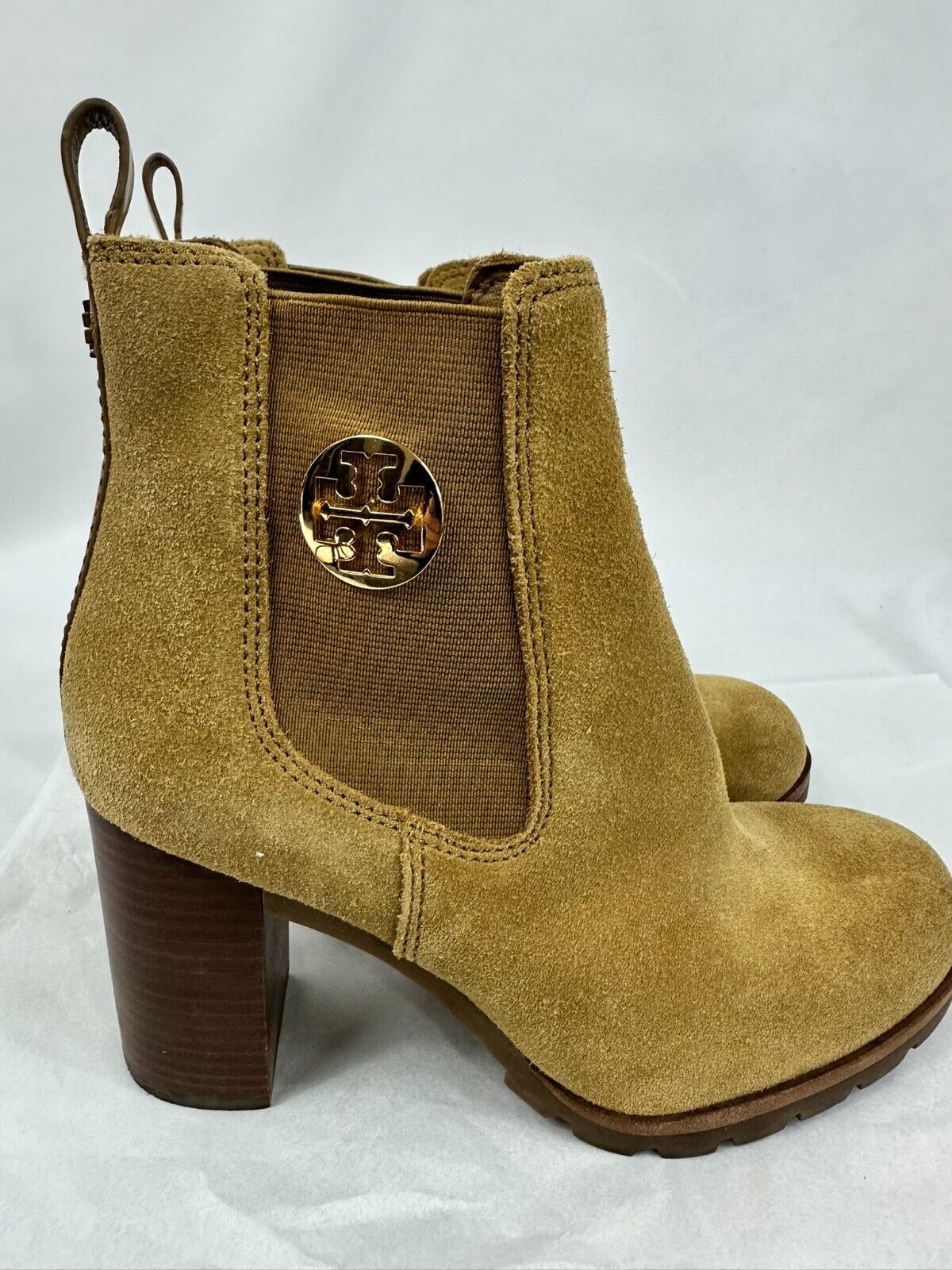 Women's Tory Burch Suede Platform 3" Heel Tan Slip On Ankle Boot- Size 7M