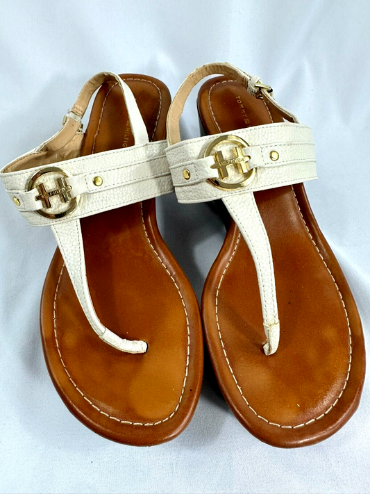 Women's Tommy Hilfiger Leather White Wedge Thong Sandal- Size 9M