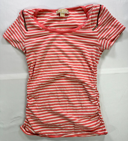 Women's Pink Michael Kors Striped Ruched Zip Shoulder Short Sleeve Shirt- Size S