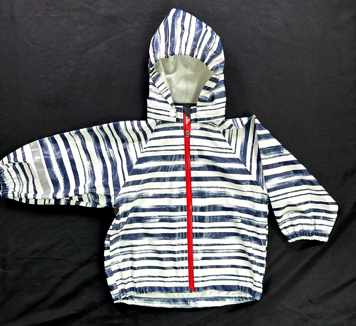 Kid's Boys Blue & White Stripe H&M Hooded Rain Jacket- Size 1-2Y