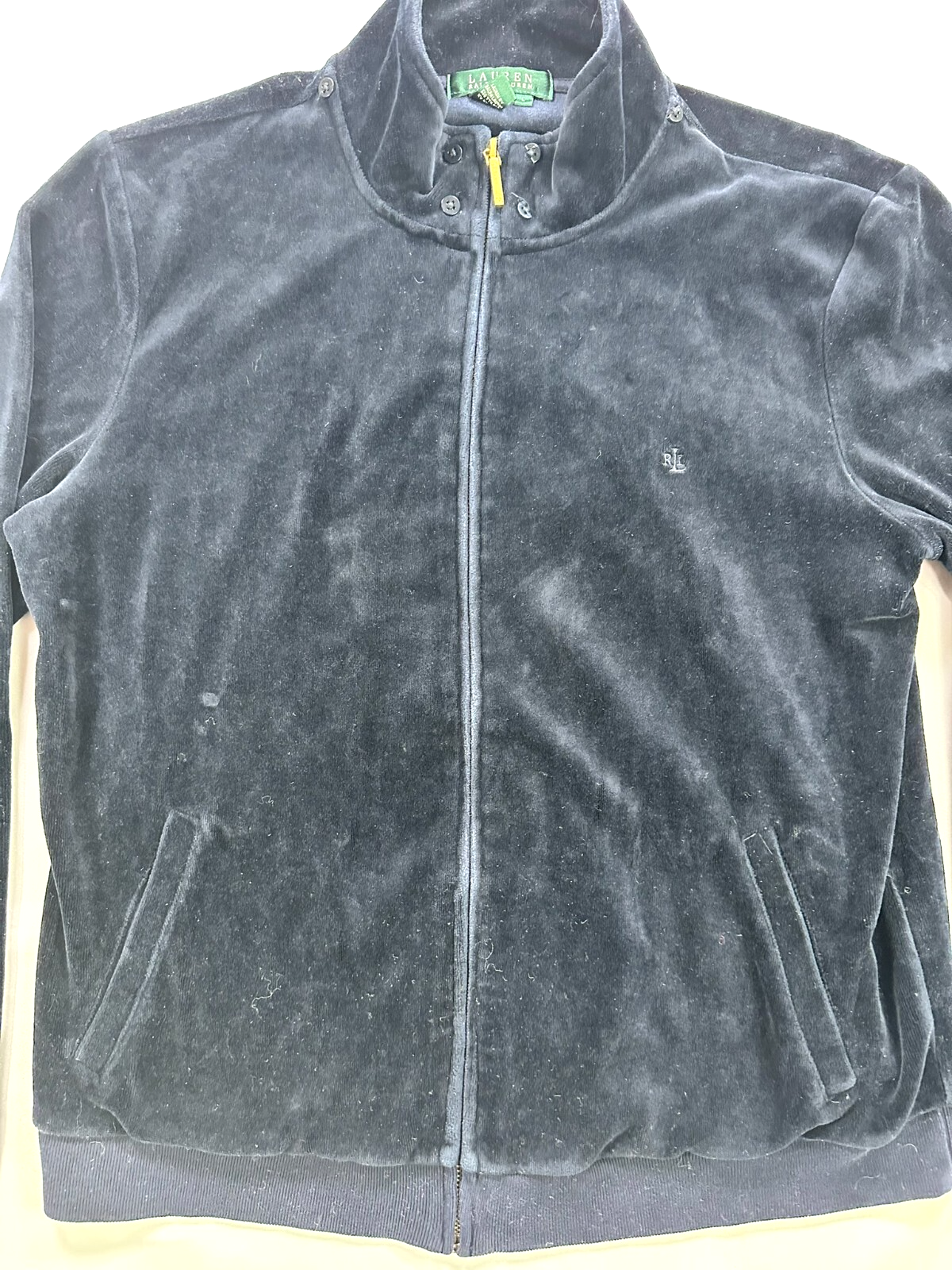 Women's Navy Blue Lauren Ralph Lauren Plush Velour Zip Jacket- Size L
