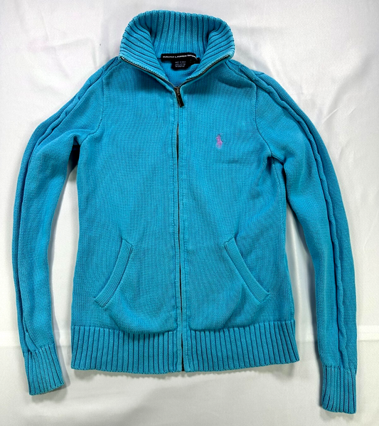 Women's Vintage Light Blue Ralph Lauren Sport Knit Zip Sweater- Size XS