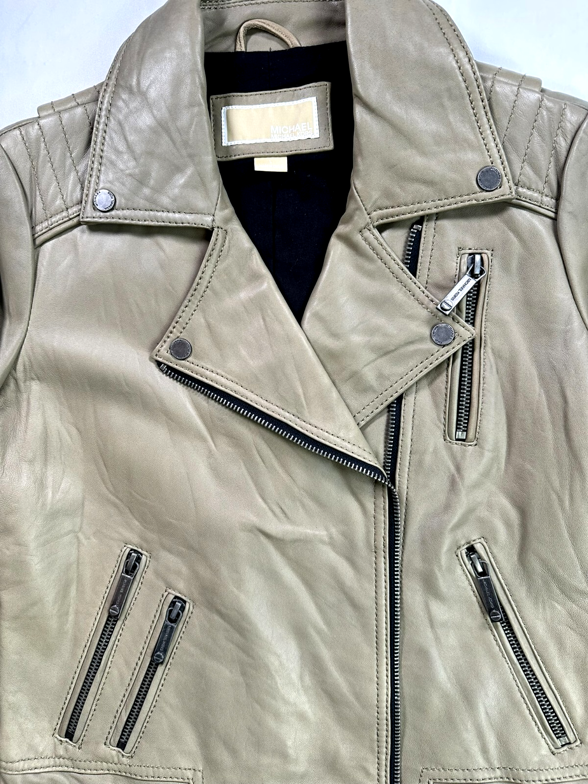 Women's Michael Kors Beige Leather Motorcycle Jacket- Size L