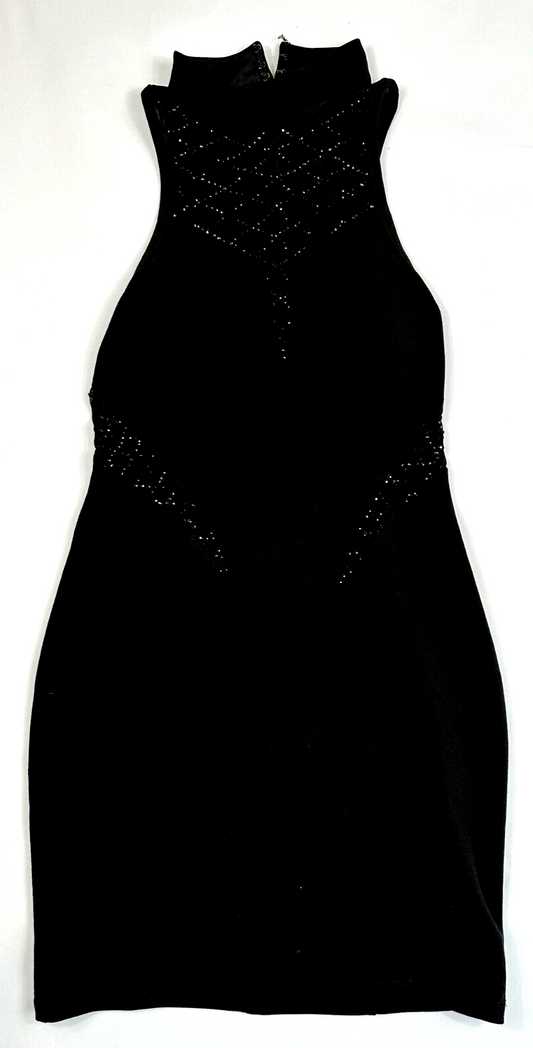 Women's Black Mini Dress- Halter Top, Sheer With Beads- Size S