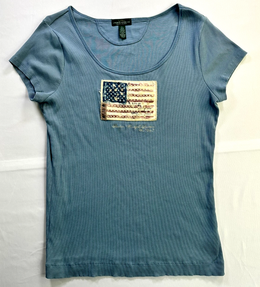 Women's Vintage Blue Lauren Jeans Co American Flag Short Sleeve Shirt- Size L