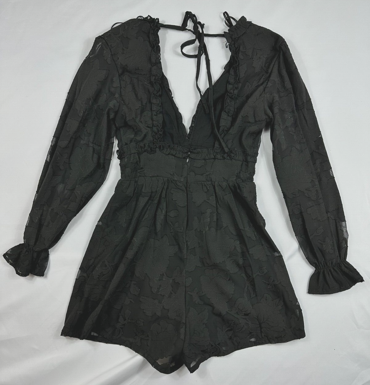 Women's Black Bebe Open Back Ruffle Romper- Size XXS