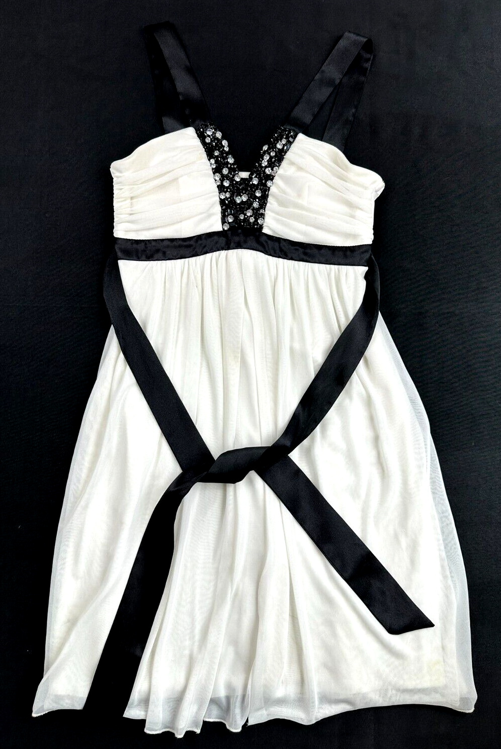 Women's White & Black Rhinestone/Bead Short Dress- Size M