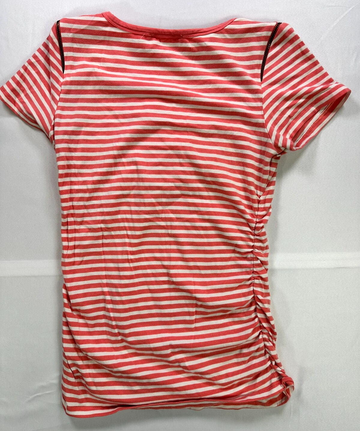 Women's Pink Michael Kors Striped Ruched Zip Shoulder Short Sleeve Shirt- Size S